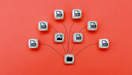 Cubes with icons on red background. Cloud computing concept. Copy space.の写真素材