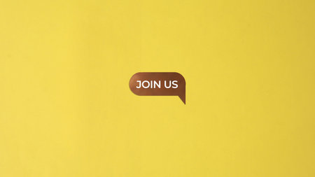 Follow us speech bubble on yellow background. Flat lay, top view.の写真素材