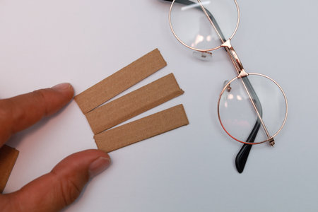 Blank business cards and eyeglasses on a white background.の写真素材