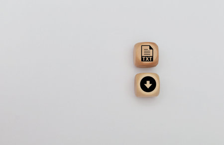 Wooden cube with download icon on white background. Copy space.