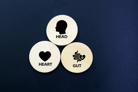 miniature people with the words head, heart and gut. How to make conscious decisions. Decision...