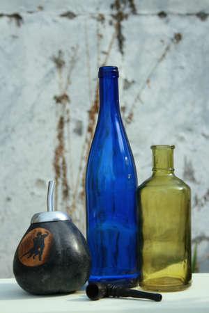 Still life with blue and green bottles.の写真素材