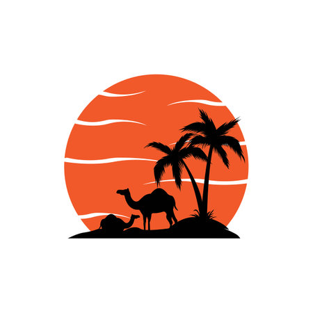 camel with sunset in the desert vector illustration designのイラスト素材