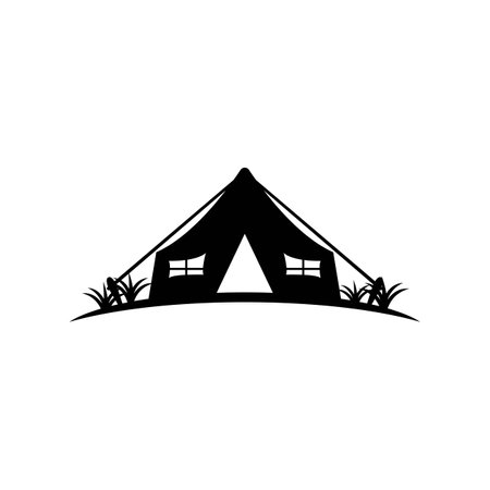Vintage camping and outdoor adventure emblems, logos and badges. Camp tent in forest or mountains. Camping equipment. Vector.のイラスト素材