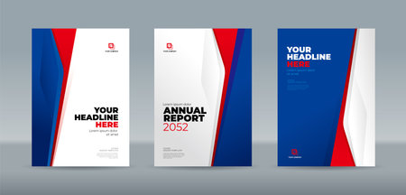 Blue white and red abstract shape on white blue gradation background. A4 size book cover template for annual report, magazine, booklet, proposal, portfolio, brochure, posterのイラスト素材