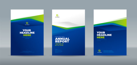 Blue white and green abstract shape on white blue gradation background. A4 size book cover template for annual report, magazine, booklet, proposal, portfolio, brochure, posterのイラスト素材
