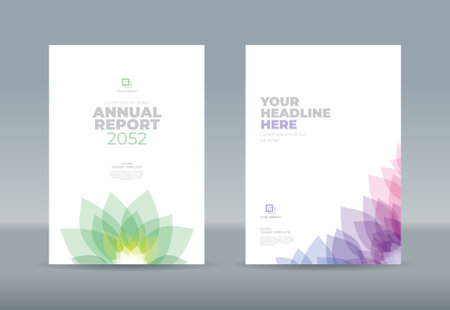 Abstract transparent green blue magenta purple flower petals on white background. A4 size book cover template for annual report, magazine, booklet, proposal, portfolio, brochure, posterのイラスト素材