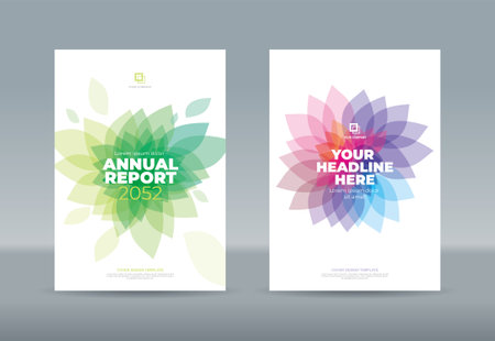 Abstract transparent green blue magenta purple flower petals on white background. A4 size book cover template for annual report, magazine, booklet, proposal, portfolio, brochure, posterのイラスト素材