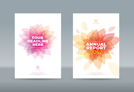 Abstract transparent magenta red orange flower petals on white background. A4 size book cover template for annual report, magazine, booklet, proposal, portfolio, brochure, posterのイラスト素材
