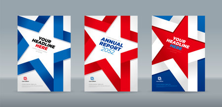 Blue white and red illustration of a folded ribbon in the shape of a five-sided star on gradation background. A4 size book cover template for annual report, magazine, booklet, proposal, portfolio, brochure, posterのイラスト素材