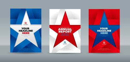 Blue white and red illustration of a folded ribbon in the shape of a five-sided star on gradation background. A4 size book cover template for annual report, magazine, booklet, proposal, portfolio, brochure, posterのイラスト素材