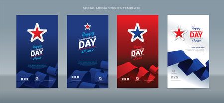 Illustration red and blue ribbon waving on gradation background. greeting Happy 4 July United State of America Independence Day - Stories Social Media Post Templateのイラスト素材