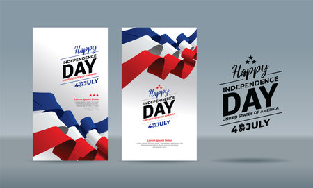 Illustration red and blue ribbon waving on white gradation background. greeting Happy 4 July United State of America Independence Day - Stories Social Media Post Templateのイラスト素材