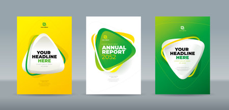 Illustration of 3d rounded triangles overlapping with yellow white green gradient background. A4 size book cover template for annual report, magazine, booklet, proposal, portfolio, brochure, posterのイラスト素材