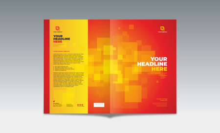 Random transparent yellow squares on orange red gradation background, front and back side book cover template. A4 size book cover template for annual report, magazine, booklet, proposal, portfolio, brochure, posterのイラスト素材