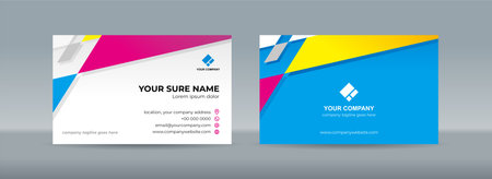 Set of double sided business card templates with yellow pink magenta white triangle backgroundのイラスト素材