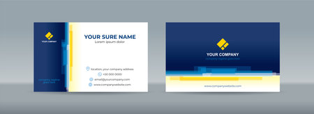 Set of double sided business card templates with random horizontal stacked transparent white yellow bars on white blue backgroundのイラスト素材