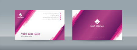 Set of double sided business card templates with random diagonal stacked transparent magenta bars on purple backgroundのイラスト素材