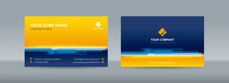 Set of double sided business card templates with random horizontal stacked transparent white bars on yellow blue backgroundのイラスト素材