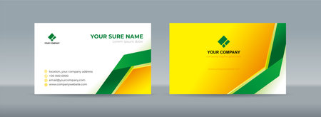 Set of double sided business card templates with simple folded green ribbon on white yellow backgroundのイラスト素材
