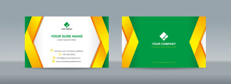 Set of double sided business card templates with simple folded yellow ribbon on white green backgroundのイラスト素材