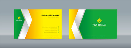 Set of double sided business card templates with simple folded white ribbon on green yellow backgroundのイラスト素材