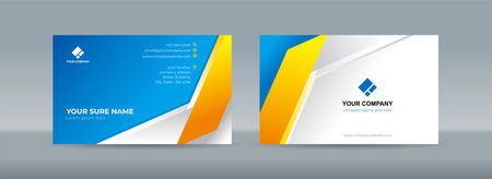 Set of double sided business card templates with simple folded white orange ribbon on white blue backgroundのイラスト素材