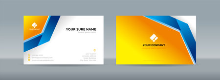 Set of double sided business card templates with simple folded blue ribbon on white yellow backgroundのイラスト素材