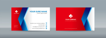 Set of double sided business card templates with simple folded blue ribbon on white red backgroundのイラスト素材