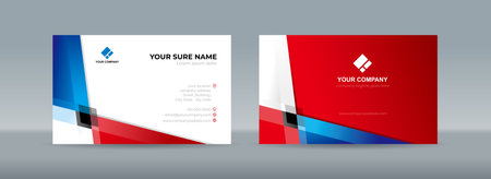 Set of double sided business card templates with Modern simple blue and red square and triangle shapes on blue and red backgroundのイラスト素材