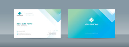 Set of double sided business card templates with illustrations of randomly stacked transparent blue and green triangles on a blue-green and white backgroundのイラスト素材