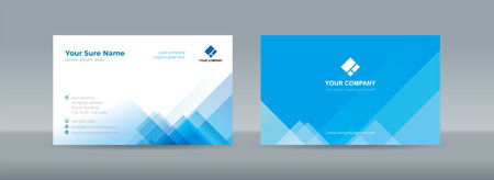 Set of double sided business card templates with illustrations of randomly stacked transparent blue triangles on a blue and white backgroundのイラスト素材