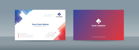 Set of double sided business card templates with illustrations of randomly stacked transparent blue and red square on a blue-white and white backgroundのイラスト素材