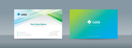 Set of double sided business card templates with illustrations of randomly stacked transparent blue and green triangles on a blue and white backgroundのイラスト素材