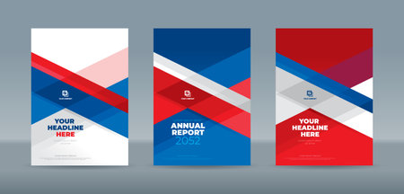 Abstract random transparent rectangle on white red and blue background. A4 size book cover template for annual report, magazine, booklet, proposal, portfolio, brochure, posterのイラスト素材