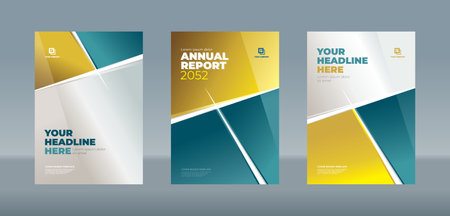 The abstract rectangle on a white, bluish green, and gold color background. A4 size book cover template for annual report, magazine, booklet, proposal, portfolio, brochure, posterのイラスト素材