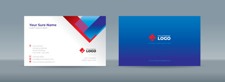Set of double-sided business card template with random red and blue rectangle bars on a white backgroundのイラスト素材