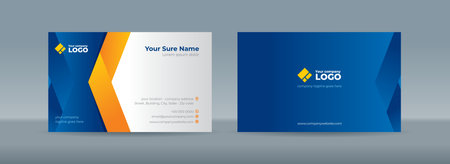 Set of double sided business card templates with simple orange folded ribbons on blue and white backgroundのイラスト素材