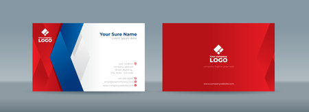 Set of double sided business card templates with simple blue folded ribbons on red and white backgroundのイラスト素材