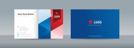 Set of double sided business card templates with blue and red triangles arranged on white and dark blue backgroundのイラスト素材