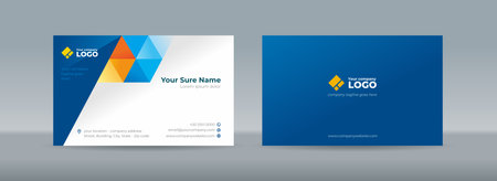 Set of double sided business card templates with blue and orange triangles arranged on white and dark blue backgroundのイラスト素材
