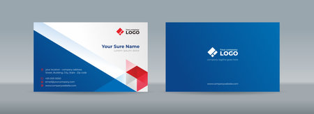 Set of double sided business card templates with blue and red triangles arranged on white and dark blue backgroundのイラスト素材