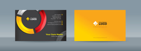 Set of double sided business card templates with Glass curves in yellow, white and red colors form a circle on a black backgroundのイラスト素材