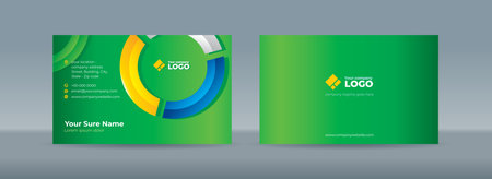 Set of double sided business card templates with Glass curves in yellow, blue and white colors form a circle on a green backgroundのイラスト素材