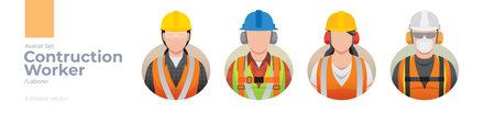 Construction worker picture avatar icons. Illustration of men and women wearing worker apron outfitのイラスト素材