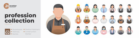 Profession collection profile avatar icons. Set of illustrations of people in various professions. Bookkeeper, waitress, barista, medical assistant, construction worker. Flat style vector designのイラスト素材