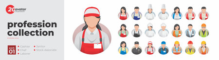 Profession collection profile picture avatar icons. Set of illustrations of men and women in various profession. Cashier, Chef, Laborer, Janitor, Stock Associate. Flat style vector designのイラスト素材