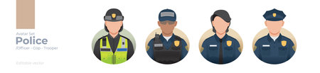 Police picture avatar icons. Illustration of men and women wearing police uniformのイラスト素材