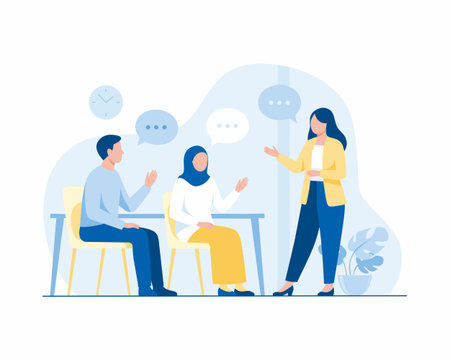 Flat Illustration of Engaging Office Discussion: Three Professionals Sharing Ideas with Speech Bubbles in a Modern Workspace, Corporate Collaboration Conceptのイラスト素材