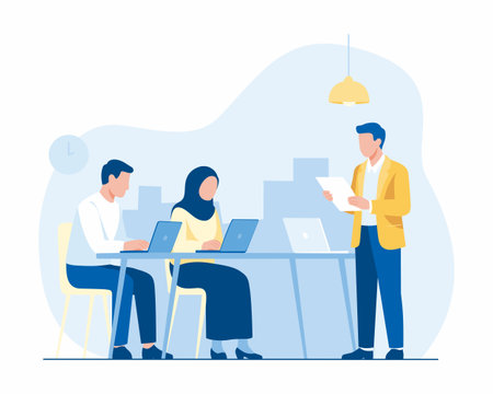 Flat Illustration of Workplace Collaboration with Presentation: Two People on Laptops Listening to a Colleague Holding Papersのイラスト素材